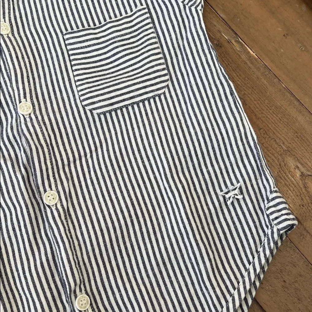 Tocoto vintage gray stripe roll cuff linen blend button up shirt kids size 6